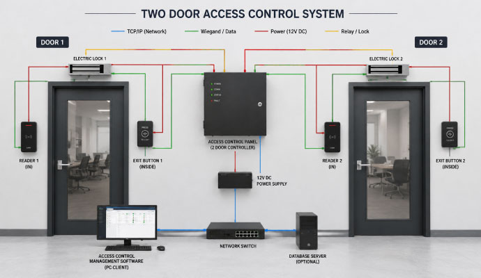 A technical diagram showing a two-door access control system 