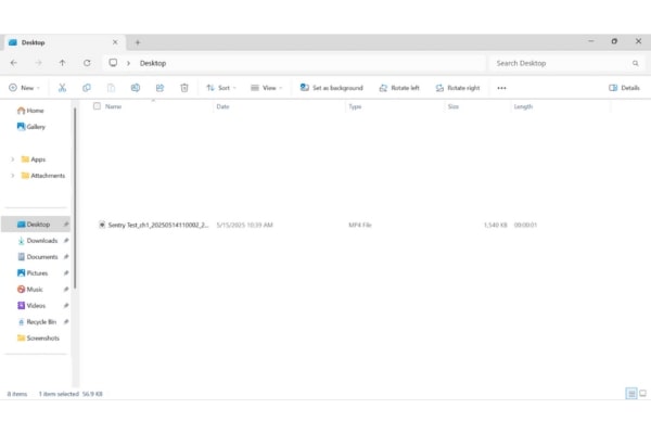 Windows File Explorer showing the successfully exported security video file saved to the desktop.