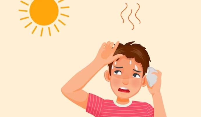 An illustration of a person suffering from a heat wave, representing the impact of extreme heat on security systems.