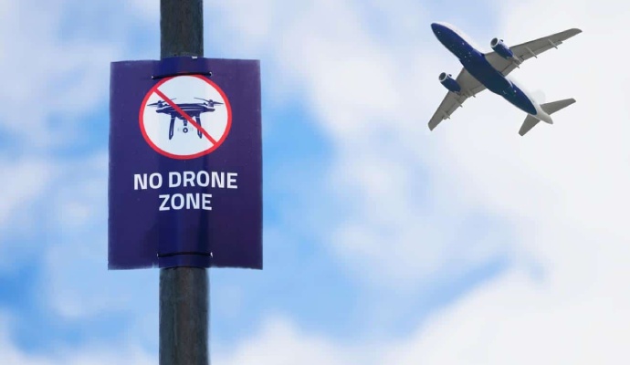 A No Drone Zone sign posted on a metal pole