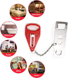 A red and silver portable door lock security device shown in the center
