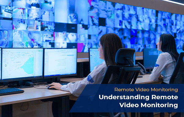 Security professionals in a high-tech command center monitoring live video feeds on a large video wall to provide proactive remote guarding.