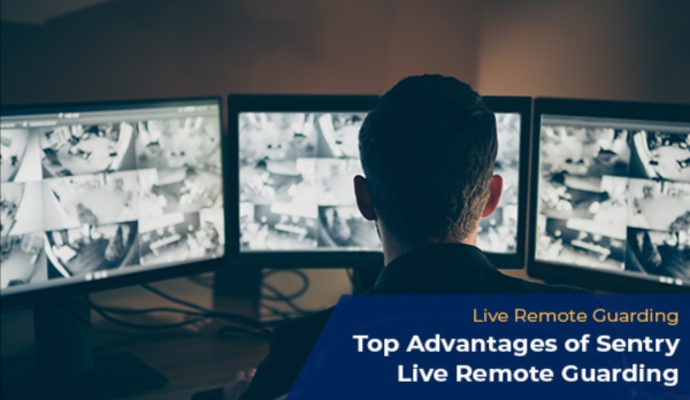 A security professional monitoring three high-definition surveillance screens displaying multiple live camera feeds