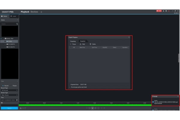 The Smart PSS Export Progress window and a Prompt notification