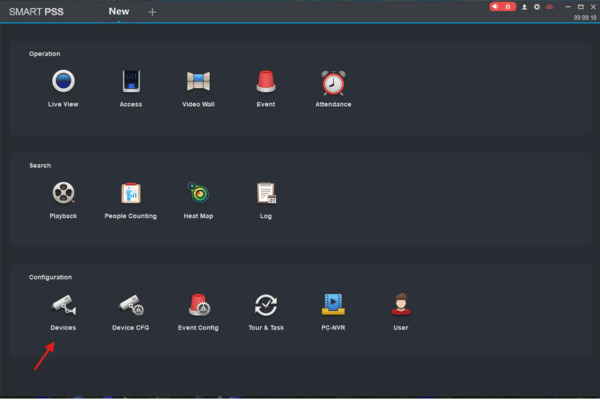 Close-up of the blue and black circular Live View camera icon for Smart PSS security software