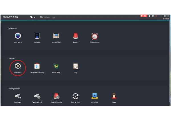 Smart PSS main menu showing the Search section with the Playback film reel icon