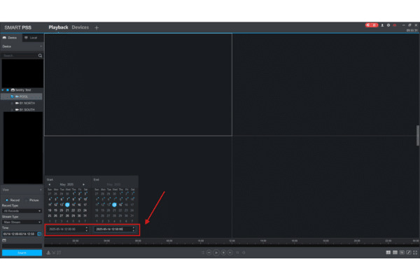 Smart PSS interface showing a red box around the specific start and end time input fields