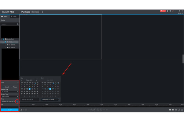Smart PSS Playback screen with a red arrow pointing to the calendar popup for selecting specific start and end times