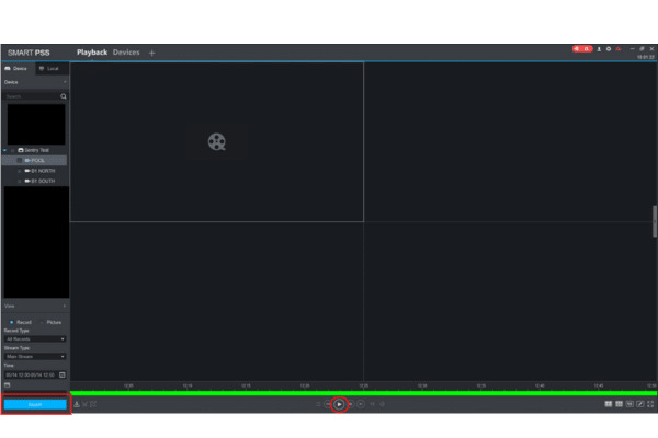 The Smart PSS playback interface with a red box around the Search button