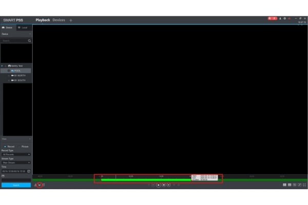 Smart PSS playback timeline with a red circle highlighting the scissors