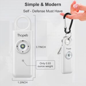 A white Thopeb personal security alarm with a built-in light, showing dimensions