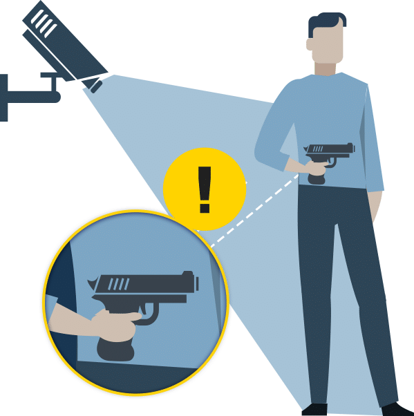 An illustration showing a security camera using AI software to visually identify a firearm held by an individual and trigger an immediate alert.
