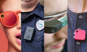 A four-panel collage displaying different wearable cameras