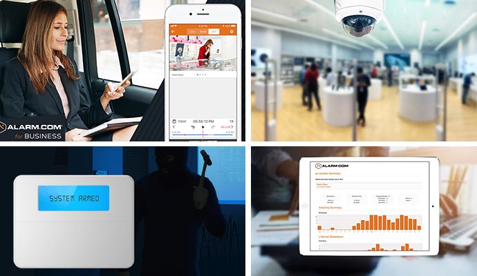 Collage of commercial security systems including surveillance cameras, alarm systems, mobile monitoring, and analytics dashboard