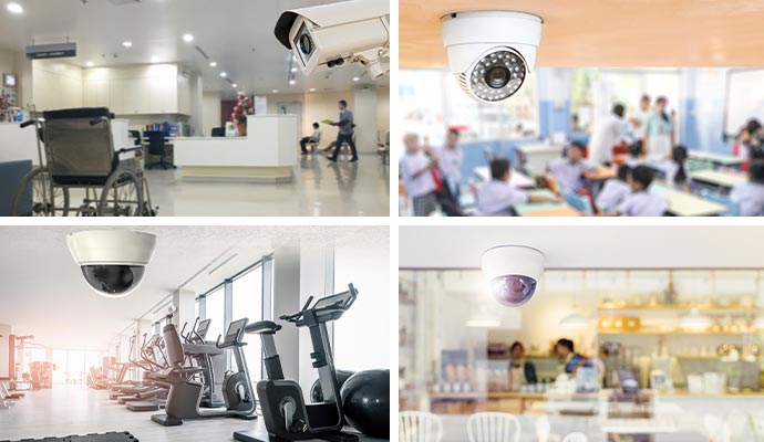 Collage of installed security camera in healthcare facility, fitness, school room, and restaurants