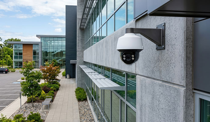 Dome security camera on office building