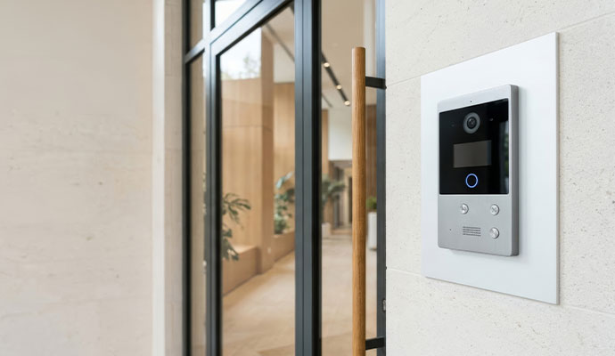 Modern intercom panel at glass entrance