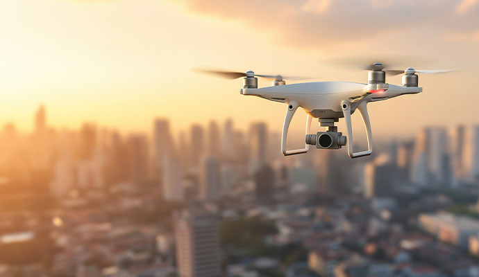 White drone flying over city at sunset