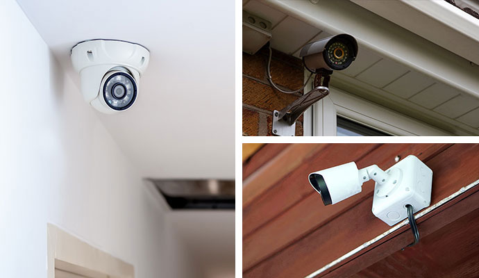 Collage of ceiling dome camera, eave camera, and siding camera