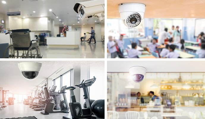Collage of commercial properties with security cameras