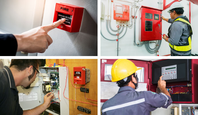 Collage of fire alarm monitoring, installation, and panel repair services