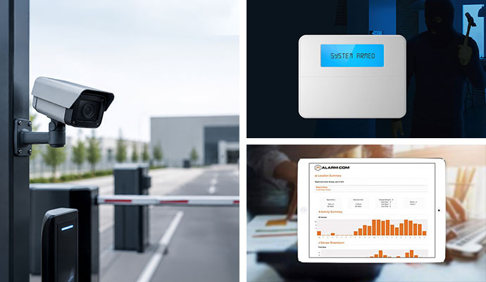 Collage of gate camera, armed alarm panel, and reporting tablet