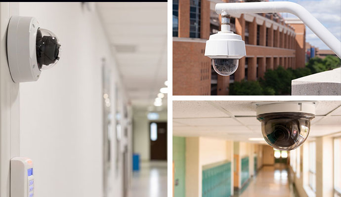 Collage of hallway dome camera, outdoor camera, and school camera