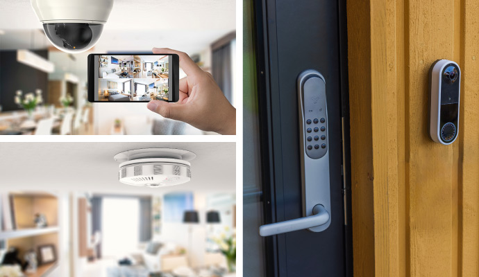 Collage of home monitoring system, smoke detector mounted on the ceiling and installed video doorbell