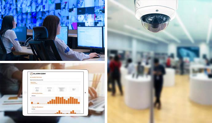 Collage of operators in a monitoring room, a dome CCTV camera, and an alarm dashboard