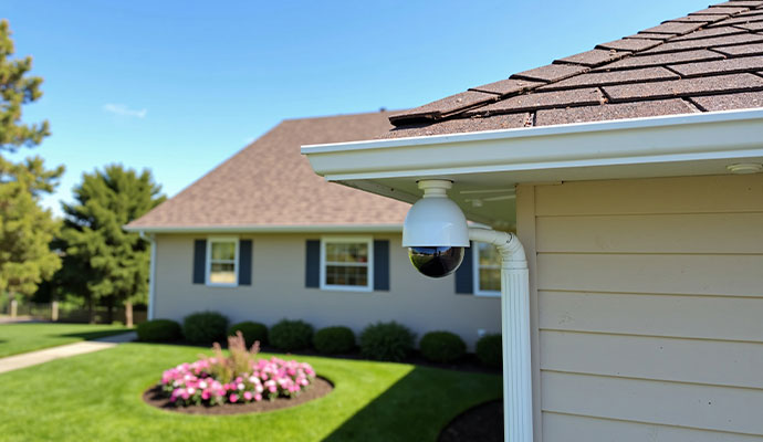 Dome security camera on house eaves
