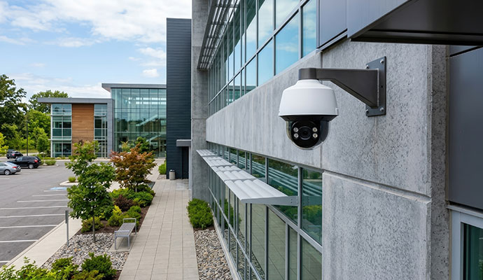 Dome security camera on office building
