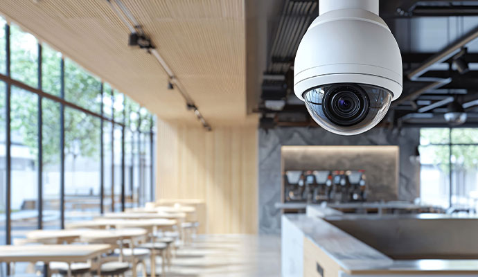 An installed security camera in commercial property