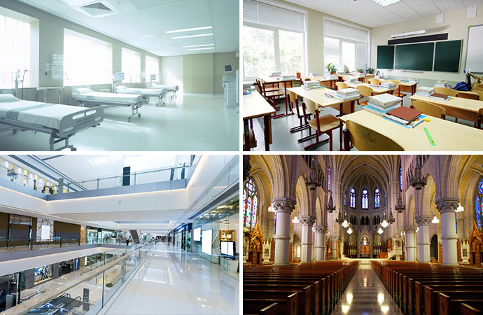 Collage of hospital, school room, shopping center and inside of a church