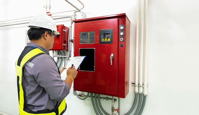 A professional inspecting fire alarm system
