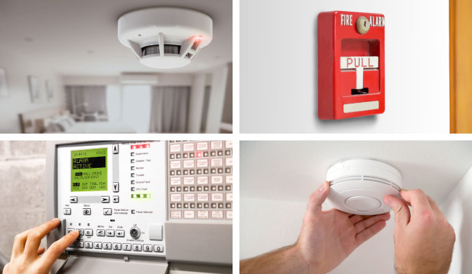 Collage of smoke detectors, a manual pull station, and a fire alarm control panel