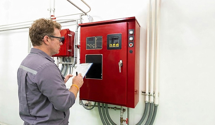 Technician inspecting a industrial fire alarm panel