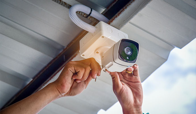 Hands wiring bullet camera under eave