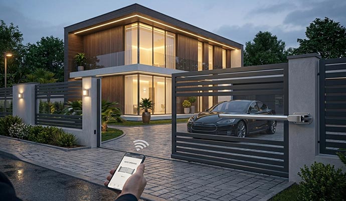 Automatic driveway gate controlled with a mobile device