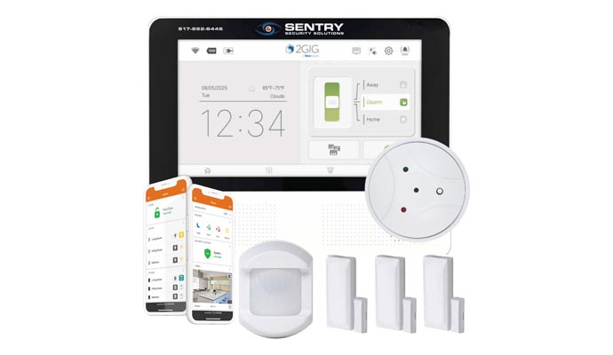 Smart home security system with control panel, mobile app, motion sensor, and door sensors