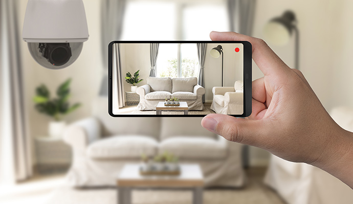 Smartphone showing live indoor security camera feed of a living room
