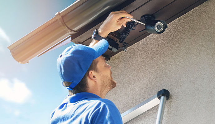 Technician installing bullet camera on eaves