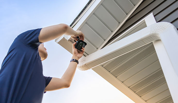 Technician installing outdoor security camera