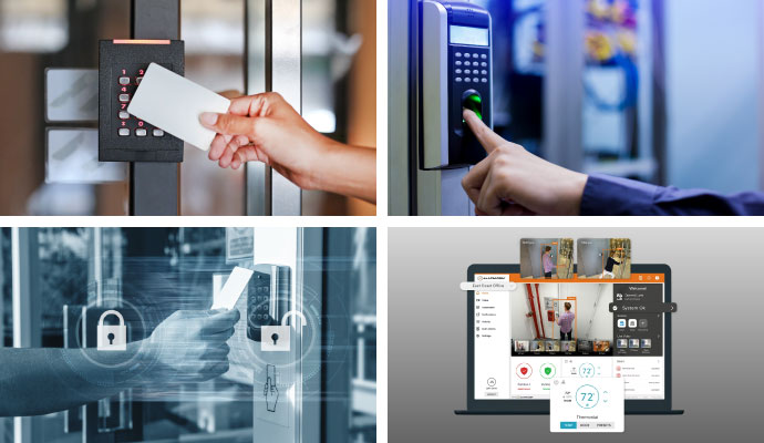 Collage of key card readers, biometric fingerprint access, and a cloud security dashboard