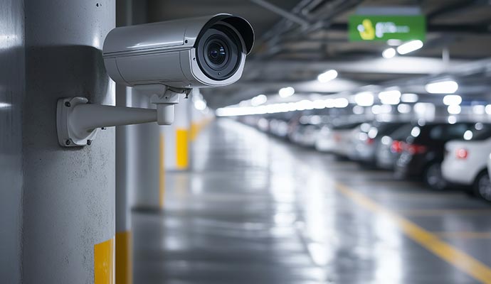 Security surveillance camera in underground parking garage