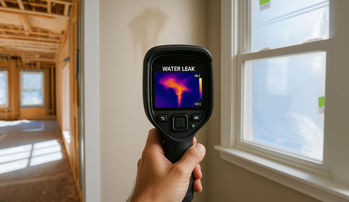 Thermal camera detecting a hidden water leak behind a wall