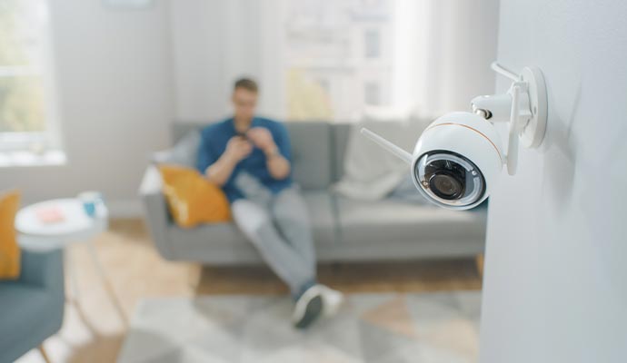 Wall mounted smart camera in living room