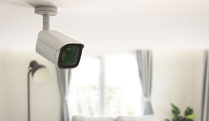 White bullet camera mounted on living room ceiling