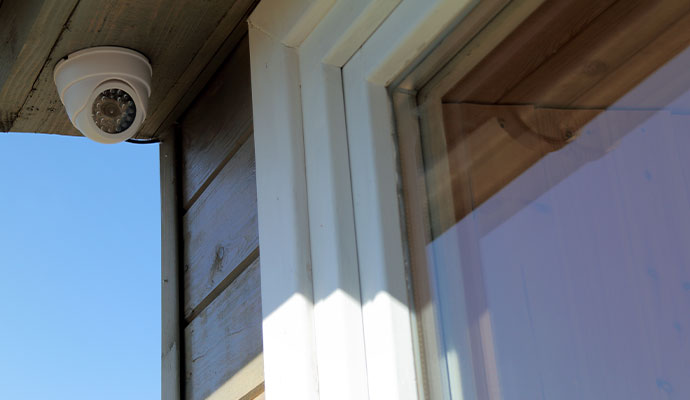 White dome camera on wooden eaves