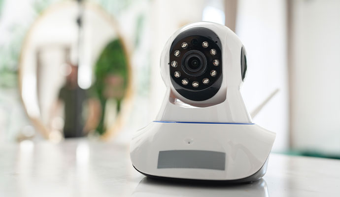 White indoor pan-tilt camera on table