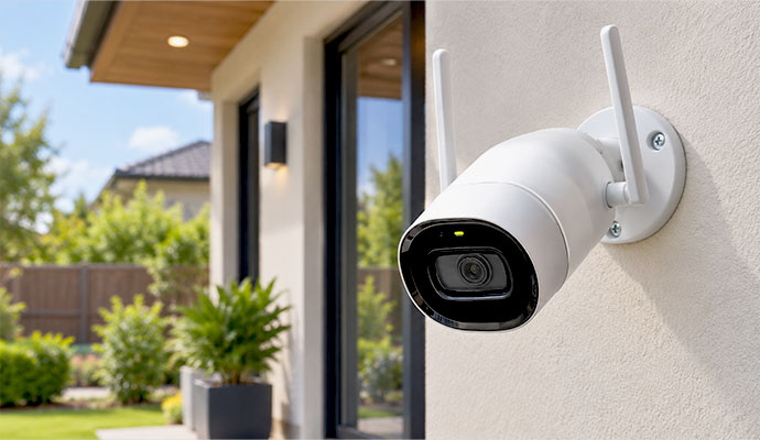 White wireless camera with antennas on exterior wall